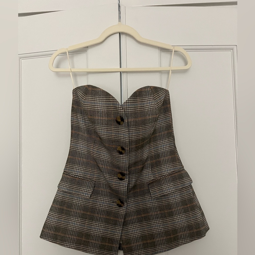 Plaid Strapless Corset Top with Buttons
